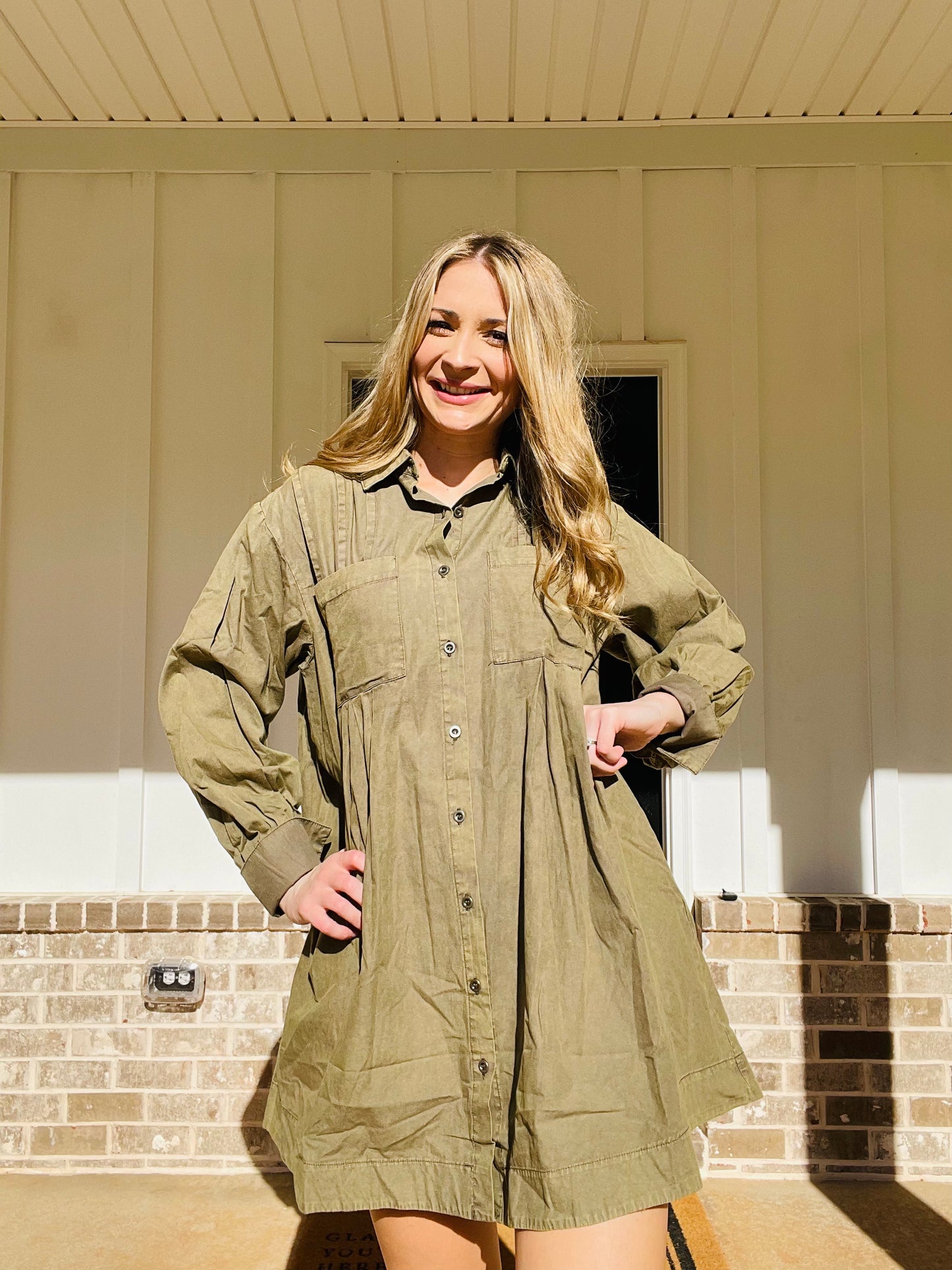 Olive You Pleated Shirt Dress