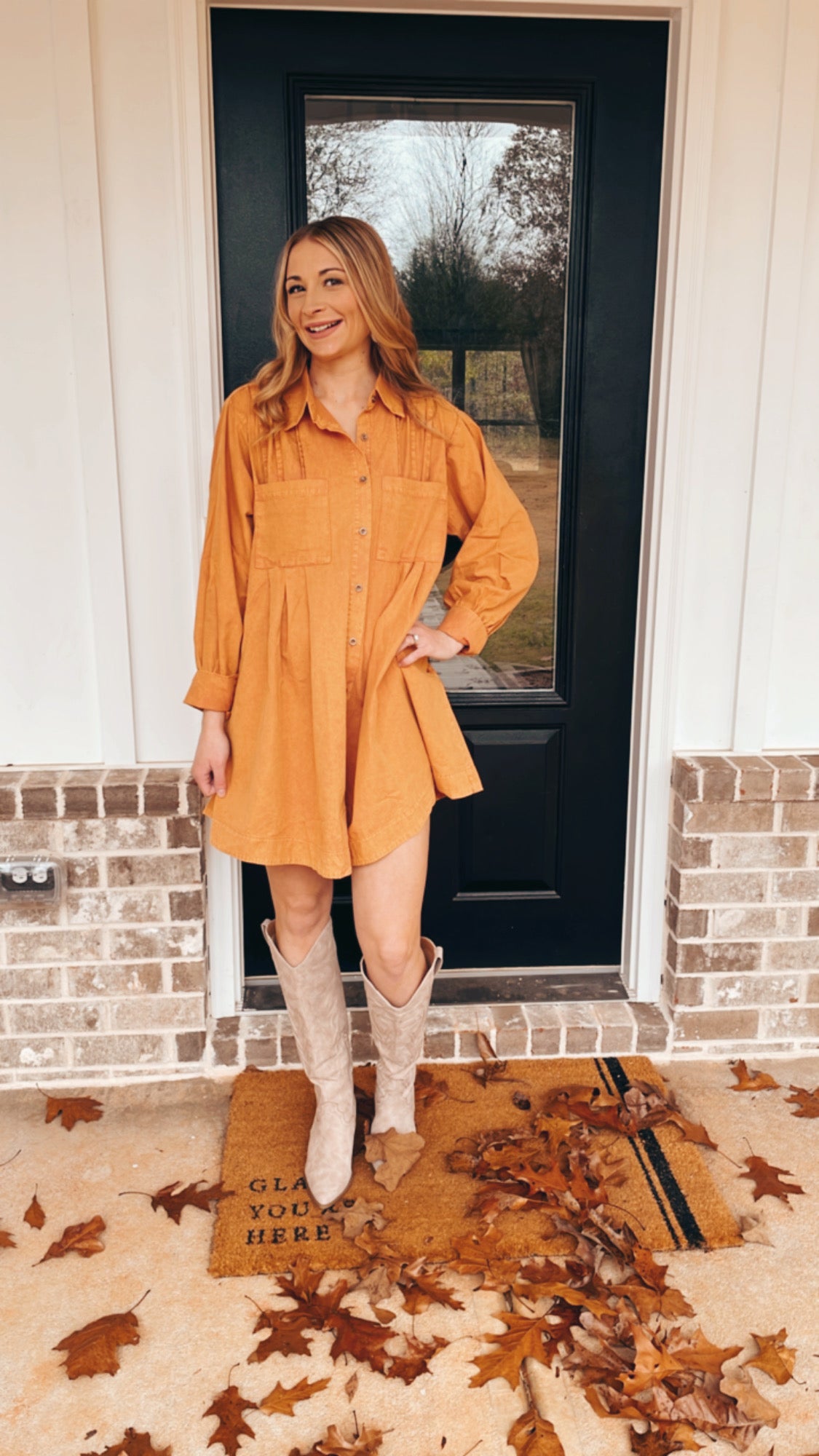 Rust Pleated Shirt Dress